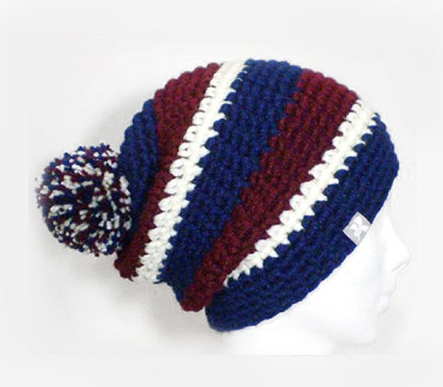 Slouchy Pompom Mütze - Navy Blau, Burgund & Off White Stripey Häkeln Bommel Wintermütze Snowboard Ski Surf Skate von KBeanies
