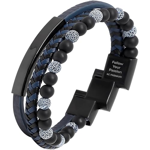 KC Premium Männer Lederarmband mit Agate Onyx Perlen | Handgemachtes Armband mit inspirierender Gravur | Grössenverstellbar Magnetverschluss Edelstahl | Geschenk Schmuckbox Herren (Schwarz Blau) von KC Premium