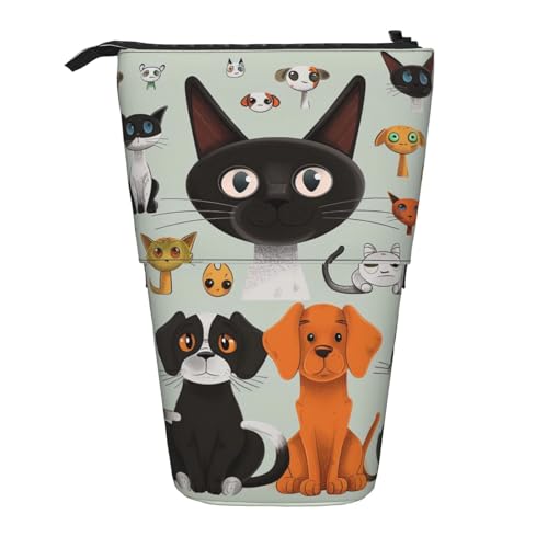 KCGSDEGV Cartoon-Katzen- und Hunde-Drucke, stehend, erweiterbar, Federmäppchen, Organizer für Schulstifte, Make-up und Reisen, für Studenten und Künstler, Schwarz , Einheitsgröße, Schulranzen von KCGSDEGV