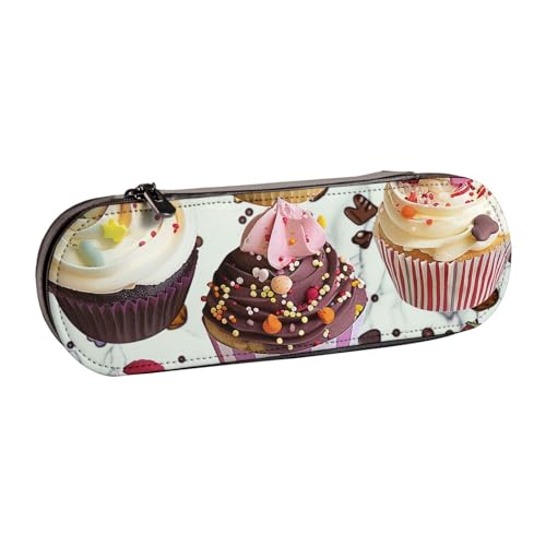 KCGSDEGV Delicious Cupcakes bedruckte Stifteetui für Schule, Mädchen, Jungen, niedliches Leder-Federmäppchen mit Reißverschluss, Schreibwaren-Organizer-Box, Schwarz , Einheitsgröße, Schulranzen von KCGSDEGV