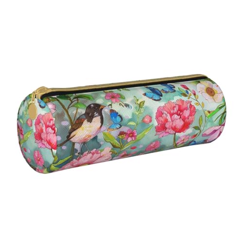 KCGSDEGV Federmäppchen, Motiv: Garten mit Vögeln und Blumen, bedruckt, rund, niedliches Leder-Federmäppchen, Stifteetui, Schreibwaren-Organizer, Box für Schule, Mädchen, Jungen, weiß, Einheitsgröße, von KCGSDEGV