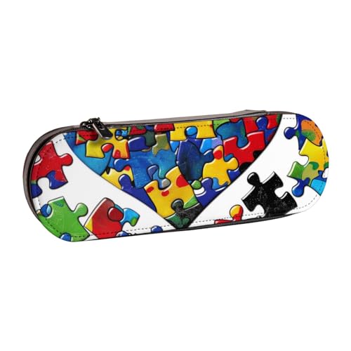 KCGSDEGV Federmäppchen für Autismus-Bewusstseins-Puzzleteile mit Herzmotiv, für Schule, Mädchen, Jungen, niedliches Leder-Federmäppchen mit Reißverschluss, Schreibwaren-Organizer-Box, Schwarz , von KCGSDEGV