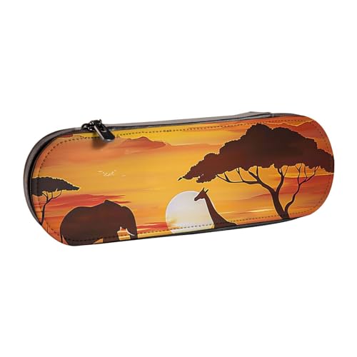KCGSDEGV Federmäppchen mit Elefant und Giraffe im Sonnenuntergang, bedruckt, für Schule, Mädchen, Jungen, niedliches Leder-Federmäppchen mit Reißverschluss, Schreibwaren-Organizer-Box, Schwarz , von KCGSDEGV