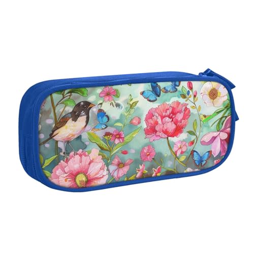 KCGSDEGV Federmäppchen mit Garten mit Vögeln und Blumen, bedruckt, für Schule, Mädchen, Jungen, großes Fassungsvermögen, niedliches Federmäppchen, Schreibwaren-Organizer, Box, schwarz, blau, von KCGSDEGV