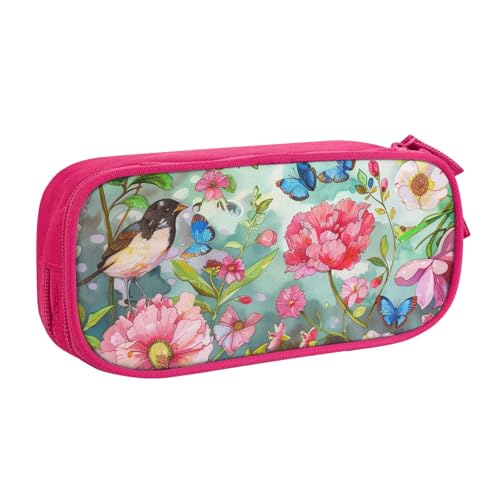 KCGSDEGV Federmäppchen mit Garten mit Vögeln und Blumen, bedruckt, für Schule, Mädchen, Jungen, großes Fassungsvermögen, niedliches Federmäppchen, Schreibwaren-Organizer, Box, schwarz, rose, von KCGSDEGV