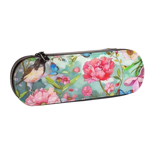 KCGSDEGV Federmäppchen mit Garten mit Vögeln und Blumen, bedruckt, für Schule, Mädchen, Jungen, niedliches Leder-Federmäppchen mit Reißverschluss, Schreibwaren-Organizer-Box, Schwarz , Einheitsgröße, von KCGSDEGV