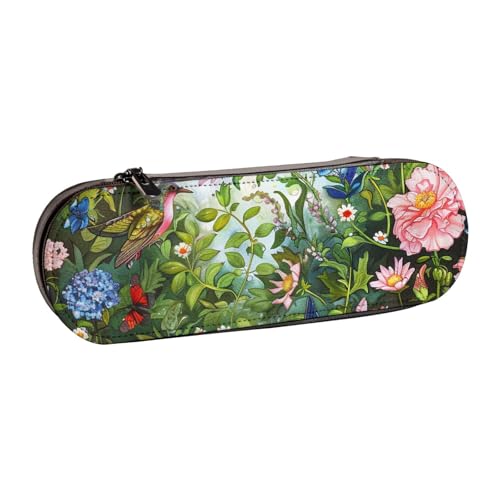 KCGSDEGV Federmäppchen mit Garten mit Vögeln und Blumen, bedruckt, für Schule, Mädchen, Jungen, niedliches Leder-Federmäppchen mit Reißverschluss, Schreibwaren-Organizer-Box, Schwarz , Einheitsgröße, von KCGSDEGV