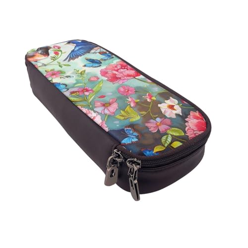 KCGSDEGV Federmäppchen mit Garten mit Vögeln und Blumen, bedruckt, für Studenten, Mädchen, Jungen, niedliches Leder-Federmäppchen, Etui, Schreibwaren-Organizer für Schule, Arbeit, Reisen, Schwarz , von KCGSDEGV