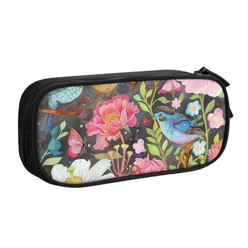 KCGSDEGV Federmäppchen mit Garten mit Vogel und Blume, bedruckt, für Schule, Mädchen, Jungen, großes Fassungsvermögen, niedliches Federmäppchen, Schreibwaren-Organizer, Box, schwarz, Schwarz , von KCGSDEGV