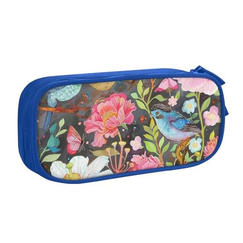 KCGSDEGV Federmäppchen mit Garten mit Vogel und Blume, bedruckt, für Schule, Mädchen, Jungen, großes Fassungsvermögen, niedliches Federmäppchen, Schreibwaren-Organizer, Box, schwarz, blau, von KCGSDEGV