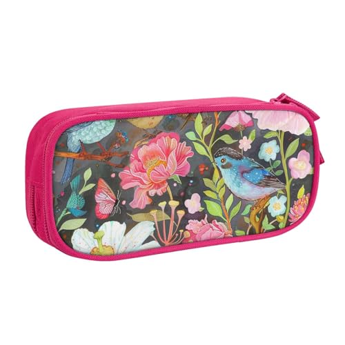 KCGSDEGV Federmäppchen mit Garten mit Vogel und Blume, bedruckt, für Schule, Mädchen, Jungen, großes Fassungsvermögen, niedliches Federmäppchen, Schreibwaren-Organizer, Box, schwarz, rose, von KCGSDEGV