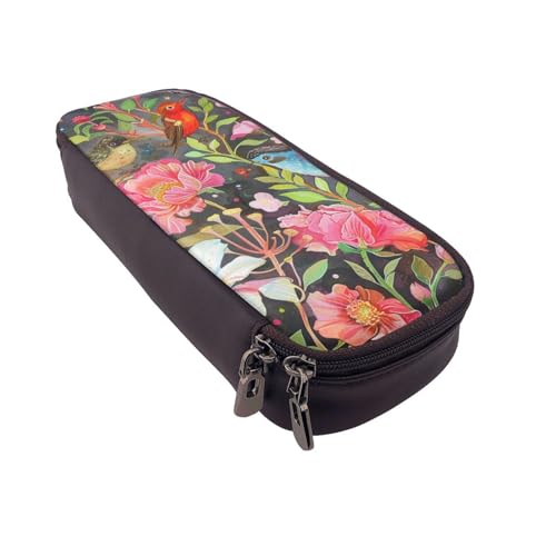 KCGSDEGV Federmäppchen mit Garten mit Vogel und Blume, bedruckt, für Studenten, Mädchen, Jungen, niedliches Leder-Federmäppchen, Etui, Schreibwaren-Organizer für Schule, Arbeit, Reisen, Schwarz , von KCGSDEGV