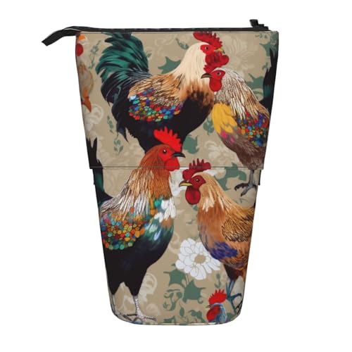 KCGSDEGV Federmäppchen mit Hahn- und Huhn-Aufdruck, stehend, erweiterbar, Organizer für Schulstifte, Make-up und Reisen, für Studenten und Künstler, Schwarz , Einheitsgröße, Schulranzen von KCGSDEGV