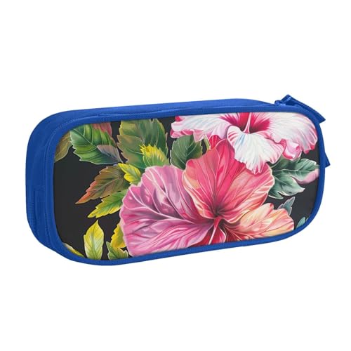 KCGSDEGV Federmäppchen mit Hibiskusblumen-Druck, für Schule, Mädchen, Jungen, großes Fassungsvermögen, niedliches Federmäppchen, Schreibwaren-Organizer, Box, schwarz, blau, Einheitsgröße, Schulranzen von KCGSDEGV
