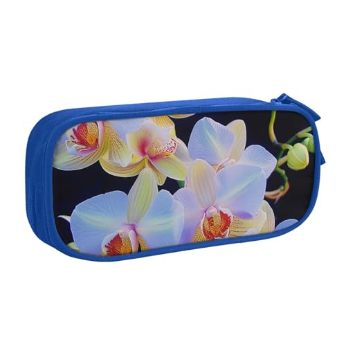 KCGSDEGV Federmäppchen mit Orchideen-Druck, für Schule, Mädchen, Jungen, großes Fassungsvermögen, niedliches Federmäppchen, Schreibwaren-Organizer, Box, schwarz, blau, Einheitsgröße, Schulranzen von KCGSDEGV