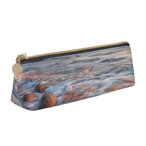 KCGSDEGV Federmäppchen mit Strand-Maui-Hawaii-Sonnenuntergang, Meer, Wellen, Wolken, bedrucktes Dreiecks-Federmäppchen, niedliches Leder-Federmäppchen, Stiftetasche, Halter, Schreibwaren-Organizer, von KCGSDEGV