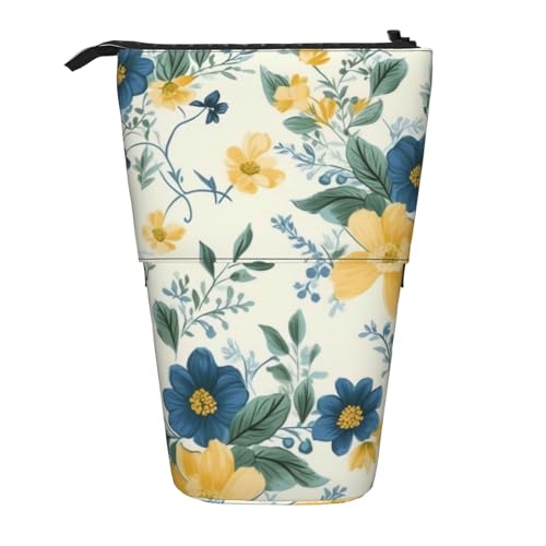 KCGSDEGV Federmäppchen mit blauen Blumen, gelbes Blumenmuster, Stehend, erweiterbar, Organizer für Schule, Stifte, Make-up und Reisen, für Studenten und Künstler, Schwarz , Einheitsgröße, Schulranzen von KCGSDEGV