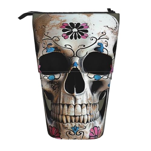 KCGSDEGV Federmäppchen mit buntem Totenkopf-Aufdruck, erweiterbar, für Schule, Stifte, Make-up und Reisen, für Studenten und Künstler, Schwarz , Einheitsgröße, Schulranzen von KCGSDEGV