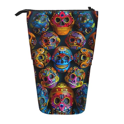 KCGSDEGV Federmäppchen mit buntem Totenkopf-Motiv, stehend, erweiterbar, Organizer für Schule, Stifte, Make-up und Reisen, für Studenten und Künstler, Schwarz , Einheitsgröße, Schulranzen von KCGSDEGV