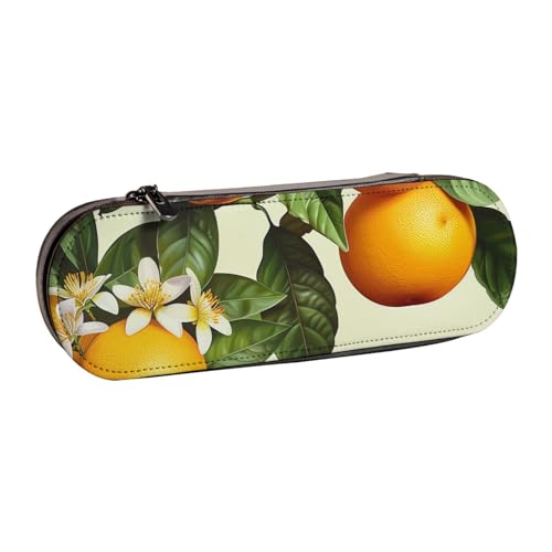 KCGSDEGV Federmäppchen mit gelben Blüten und orangefarbenen Früchten für Schule, Mädchen, Jungen, niedliches Leder-Federmäppchen mit Reißverschluss, Schreibwaren-Organizer-Box, Schwarz , von KCGSDEGV