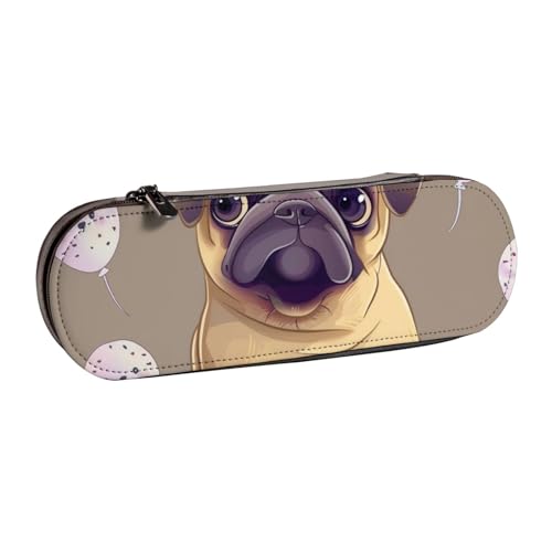 KCGSDEGV Federmäppchen mit lustigem Cartoon-Motiv Mops, Welpe, Hund, bedruckt, für Schule, Mädchen, Jungen, niedliches Leder-Federmäppchen mit Reißverschluss, Schreibwaren-Organizer-Box, Schwarz , von KCGSDEGV