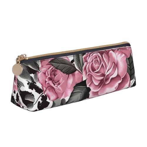 KCGSDEGV Federmäppchen mit niedlichem Rosen-Mix-Leopardenmuster, bedrucktes Dreiecks-Federmäppchen, niedliches Leder-Federmäppchen, Stiftetasche, Halter, Schreibwaren-Organizer, Box, weiß, von KCGSDEGV