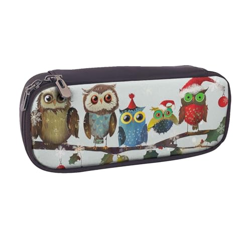KCGSDEGV Federmäppchen mit niedlichem Weihnachts-Eulen auf Ast, bedruckt, für Studenten, Mädchen, Jungen, niedliches Leder-Federmäppchen, Etui, Schreibwaren-Organizer für Kinder, Männer, Frauen, von KCGSDEGV