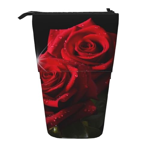 KCGSDEGV Federmäppchen mit roten Rosen, stehend, erweiterbar, Organizer für Schulstifte, Make-up und Reisen, für Studenten und Künstler, Schwarz , Einheitsgröße, Schulranzen von KCGSDEGV