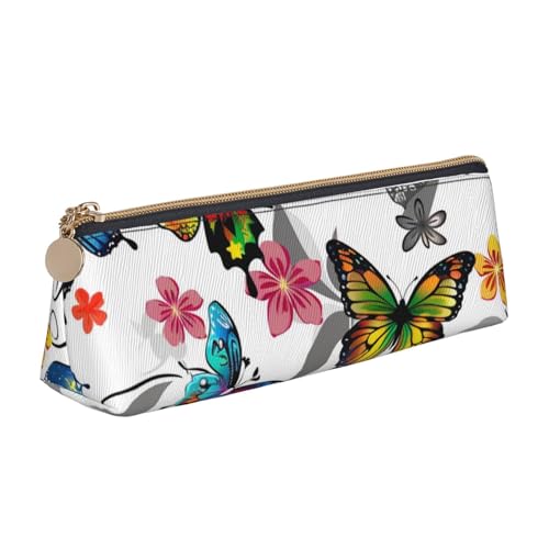 KCGSDEGV Federmäppchen mit weißem Blumenmuster, bunte Schmetterlinge, Kunstdruck, dreieckiges Federmäppchen, niedliches Leder-Federmäppchen, Stifteetui, Schreibwaren-Organizer, Box für Schule, von KCGSDEGV