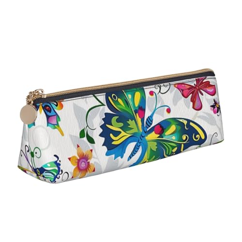 KCGSDEGV Federmäppchen mit weißem Blumenmuster, bunte Schmetterlinge, bedrucktes Dreiecks-Federmäppchen, niedliches Leder-Federmäppchen, Stifteetui, Schreibwaren-Organizer, Box für Schule, Mädchen, von KCGSDEGV