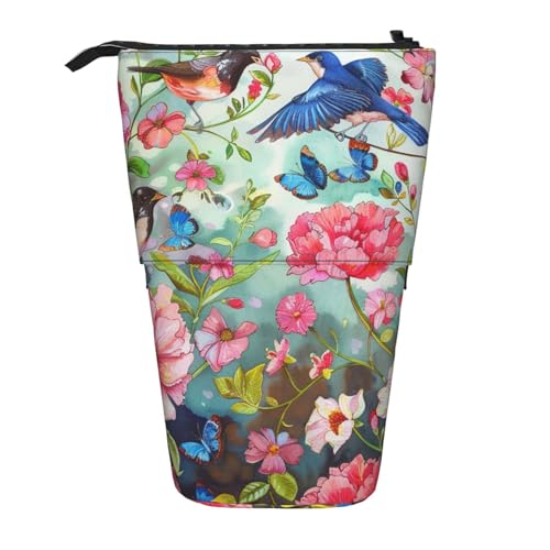 KCGSDEGV Garten mit Vögeln und Blumendrucken, stehend, erweiterbar, Federmäppchen, Organizer für Schule, Stifte, Make-up & Reisen für Studenten & Künstler, Schwarz , Einheitsgröße, Schulranzen von KCGSDEGV