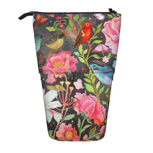 KCGSDEGV Garten mit Vogel- und Blumendrucken, stehend, erweiterbar, Federmäppchen, Organizer für Schulstifte, Make-up und Reisen, für Studenten und Künstler, Schwarz , Einheitsgröße, Schulranzen von KCGSDEGV