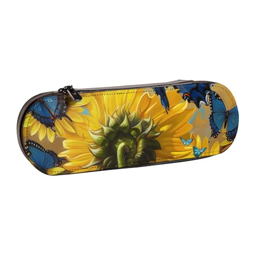 KCGSDEGV Gelbe Sonnenblumen mit blauen Schmetterlingen, bedrucktes Federmäppchen für Schule, Mädchen, Jungen, niedliches Leder-Federmäppchen mit Reißverschluss, Schreibwaren-Organizer-Box, Schwarz , von KCGSDEGV