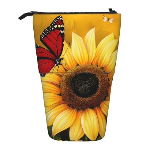 KCGSDEGV Gelbe Sonnenblumen mit rotem Schmetterlings-Aufdruck, stehend, erweiterbar, Federmäppchen, Organizer für Schulstifte, Make-up und Reisen, für Studenten und Künstler, Schwarz , Einheitsgröße, von KCGSDEGV