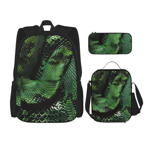 KCGSDEGV Happy Birthday Big Cake bedruckte Schultaschen-Sets mit Lunch-Tasche, Federmäppchen, niedliches Studentenrucksack-Set für Teenager, Mädchen, Jungen, 3-teilig, Grün Schlangenleder von KCGSDEGV