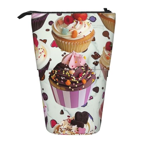 KCGSDEGV Köstliche Cupcakes Prints Stehendes erweiterbares Federmäppchen Organizer für Schulstifte, Make-up & Reisen für Studenten & Künstler, Schwarz , Einheitsgröße, Schulranzen von KCGSDEGV