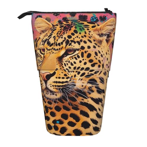 KCGSDEGV Lustiges Federmäppchen mit Leopardenmuster, Stehend, erweiterbar, Organizer für Schule, Stifte, Make-up und Reisen, für Studenten und Künstler, Schwarz , Einheitsgröße, Schulranzen von KCGSDEGV