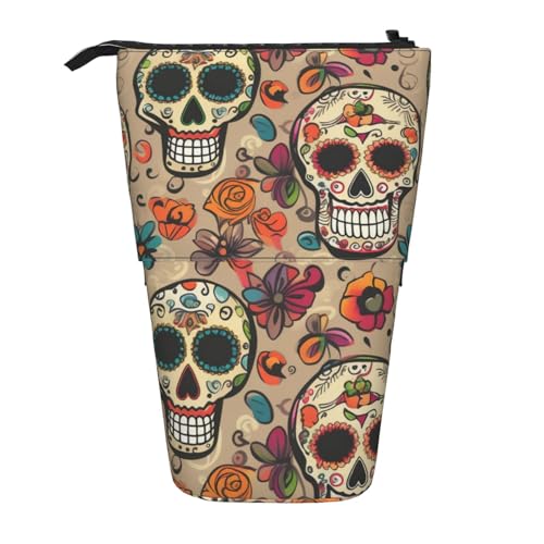 KCGSDEGV Mexikanischer Totenkopf-Aufdruck, stehend, erweiterbar, Federmäppchen, Organizer für Schulstifte, Make-up und Reisen, für Studenten und Künstler, Schwarz , Einheitsgröße, Schulranzen von KCGSDEGV