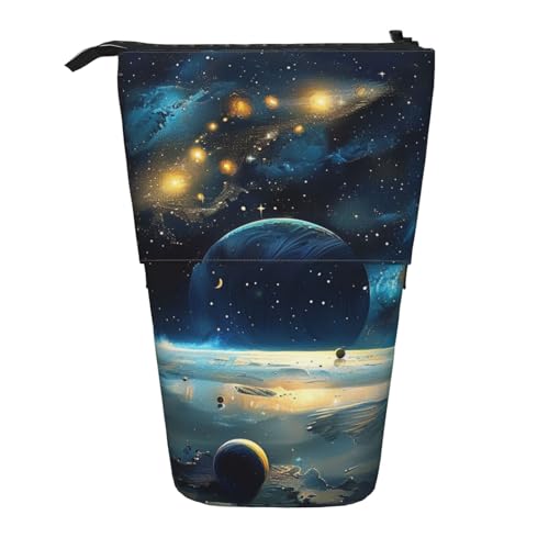 KCGSDEGV Moon Stars and Planets Prints Standing Expandable Pencil Case Organizer for School Pens, Makeup & Travel for Students & Artists, Schwarz , Einheitsgröße, Schulranzen von KCGSDEGV