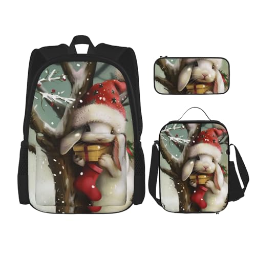 KCGSDEGV Niedliche Weihnachts-Eulen auf Ast, bedruckte Drucke, Schultasche, 3-teiliges Büchertaschen-Set mit Lunch-Tasche, Federmäppchen, niedliches Studentenrucksack-Set für Teenager, Mädchen, Jungen von KCGSDEGV