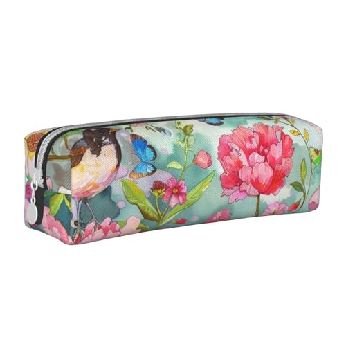 KCGSDEGV Niedliches Federmäppchen mit Garten mit Vögeln und Blumen, bedrucktes Leder-Federmäppchen für die Schule, Schreibwaren, Organizer, Stiftebox, weiß, Einheitsgröße, Schulranzen von KCGSDEGV