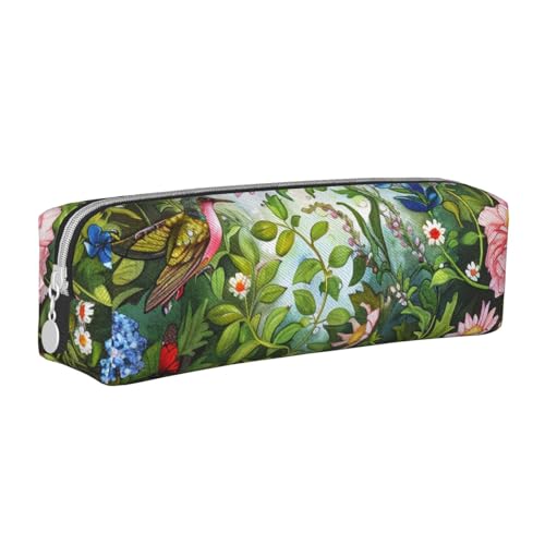 KCGSDEGV Niedliches Federmäppchen mit Garten mit Vögeln und Blumen, bedrucktes Leder-Federmäppchen für die Schule, Schreibwaren, Organizer, Stiftebox, weiß, Einheitsgröße, Schulranzen von KCGSDEGV