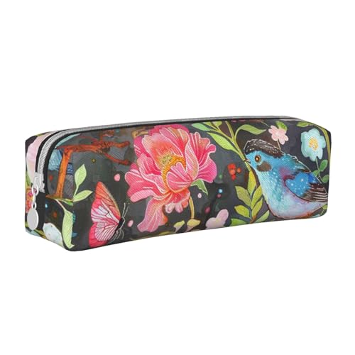 KCGSDEGV Niedliches Federmäppchen mit Garten mit Vogel und Blume, bedrucktes Leder-Federmäppchen für die Schule, Schreibwaren, Organizer, Stiftebox, weiß, Einheitsgröße, Schulranzen von KCGSDEGV