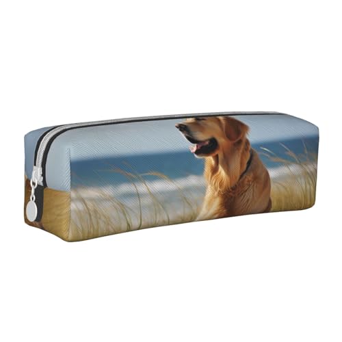 KCGSDEGV Niedliches Federmäppchen mit Golden Retriever, bedrucktes Leder-Federmäppchen, Stifteetui, für Schule, Schreibwaren, Organizer, Stiftebox, weiß, Einheitsgröße, Schulranzen von KCGSDEGV