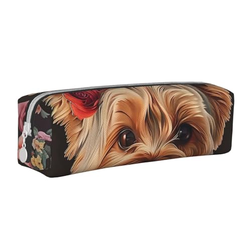 KCGSDEGV Niedliches Federmäppchen mit Hunde-Blumendruck, Leder-Federmäppchen, Stifteetui, für Schule, Schreibwaren, Organizer, Stiftebox, weiß, Einheitsgröße, Schulranzen von KCGSDEGV