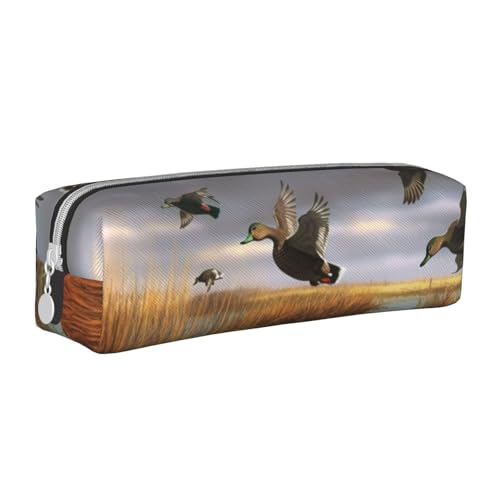 KCGSDEGV Niedliches Federmäppchen mit Jagd-fliegenden Wildenten, 8 bedrucktes Leder-Federmäppchen, Stiftetasche, Halter, Schule, Schreibwaren, Organizer, Stiftebox, weiß, Einheitsgröße, Schulranzen von KCGSDEGV
