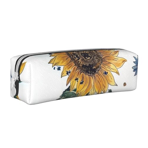 KCGSDEGV Niedliches Federmäppchen mit Sonnenblumen-Druck, Leder-Federmäppchen, Stifteetui, für Schule, Schreibwaren, Organizer, Stiftebox, weiß, Einheitsgröße, Schulranzen von KCGSDEGV