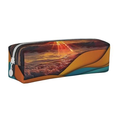 KCGSDEGV Niedliches Federmäppchen mit Sonnenuntergang und Sonnenaufgang mit Meereswellen, bedrucktes Leder-Federmäppchen, Stifteetui, für Schule, Schreibwaren, Organizer, Stiftebox, weiß, von KCGSDEGV