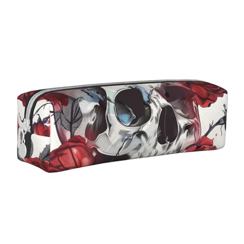 KCGSDEGV Niedliches Federmäppchen mit Totenkopf-Motiv, Leder, Stifteetui, für Schule, Schreibwaren, Organizer, Stiftebox, weiß, Einheitsgröße, Schulranzen von KCGSDEGV