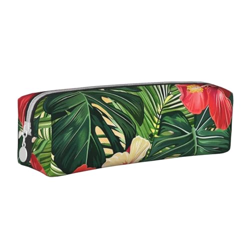 KCGSDEGV Niedliches Federmäppchen mit Vegetationsblättern und Hibiskusblüten, bedrucktes Leder-Federmäppchen, Stifteetui, für Schule, Schreibwaren, Organizer, Stiftebox, weiß, Einheitsgröße, von KCGSDEGV